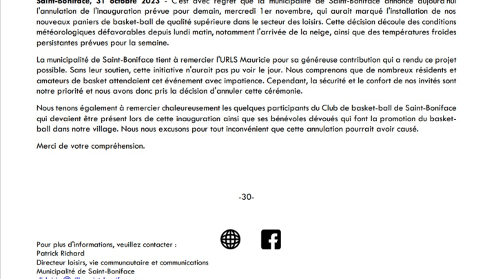 Annulation de l'inauguration des paniers de basket-ball