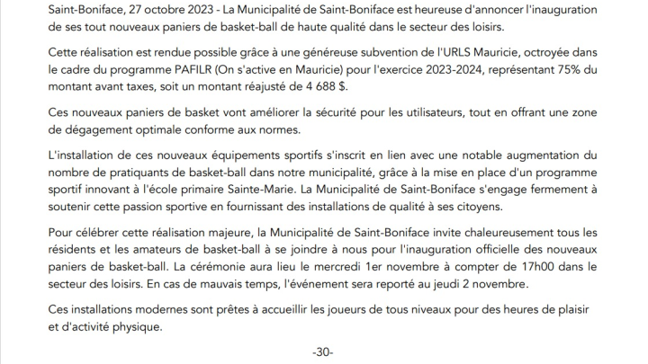 Communiqué de presse - Inauguration des paniers de basket ball