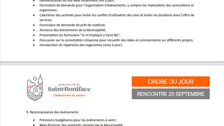 Ordre du jour - Réunion des associations, organismes et événements