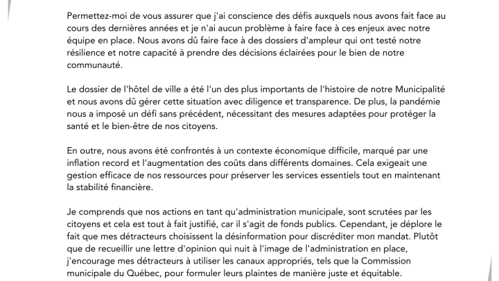 Réponse à la lettre d'opinion - août 2023