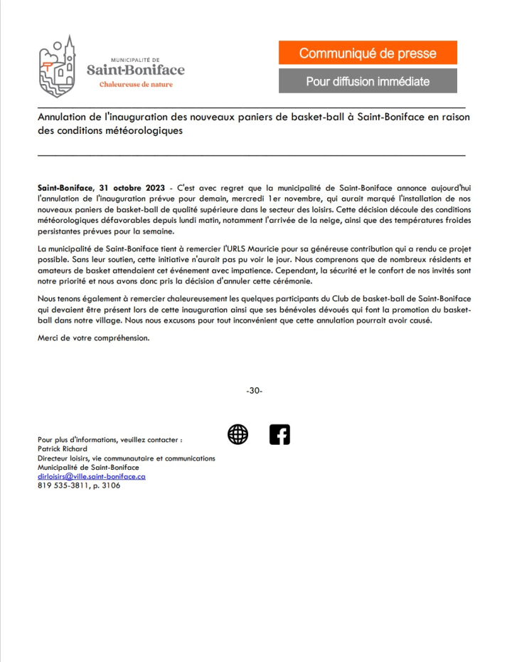 Annulation de l'inauguration des paniers de basket-ball