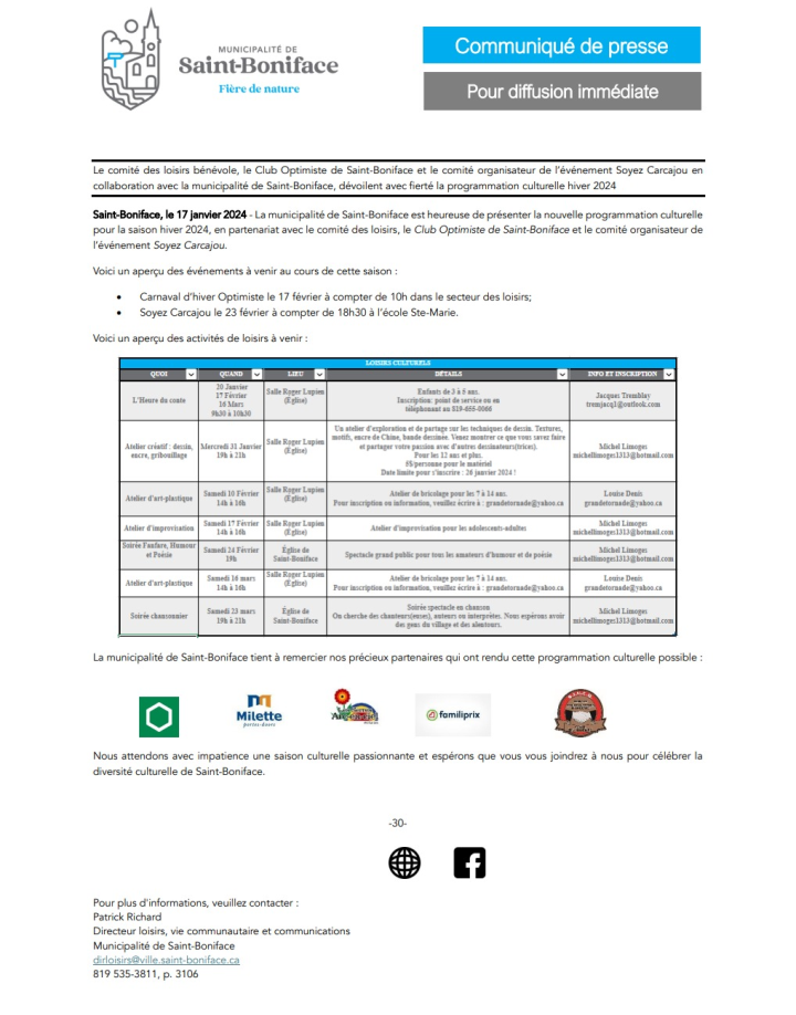 Communiqué de presse - Programmation culturelle hiver 2024