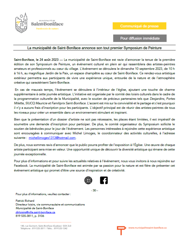 Communiqué de presse -Symposium de peinture