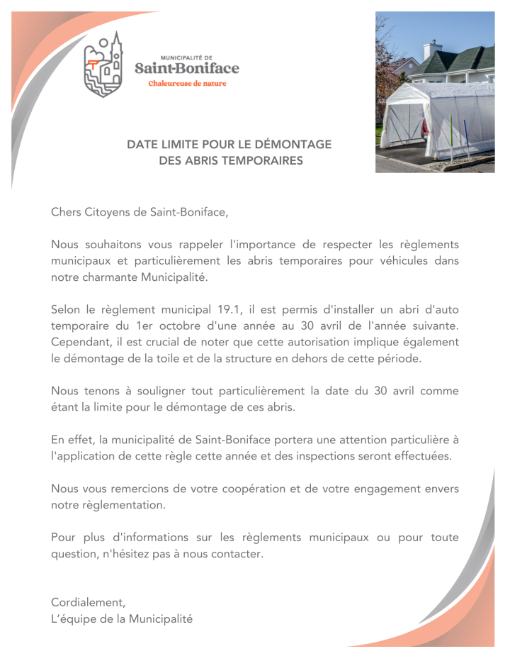 Date limite pour le démontage d'abris temporaires