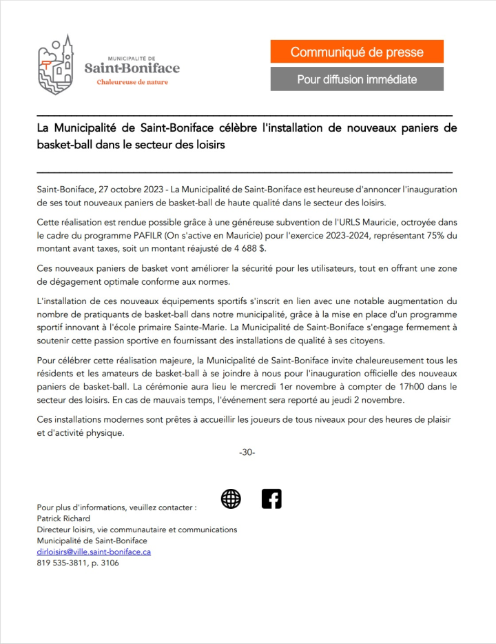 Communiqué de presse - Inauguration des paniers de basket ball