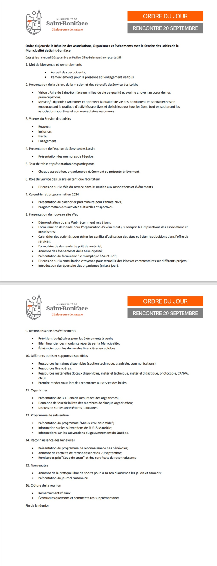 Ordre du jour - Réunion des associations, organismes et événements