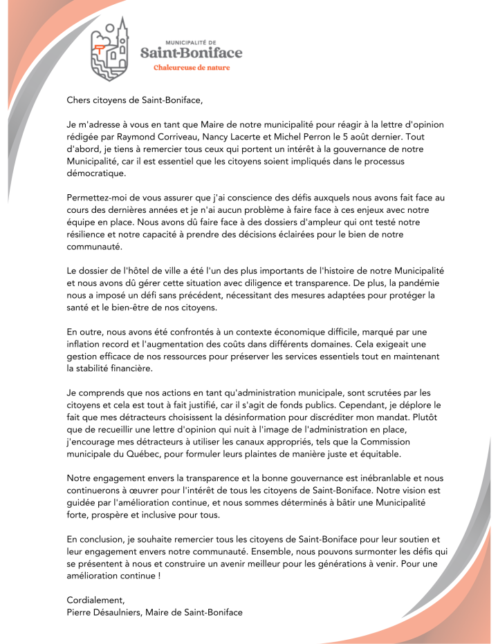Réponse à la lettre d'opinion - août 2023
