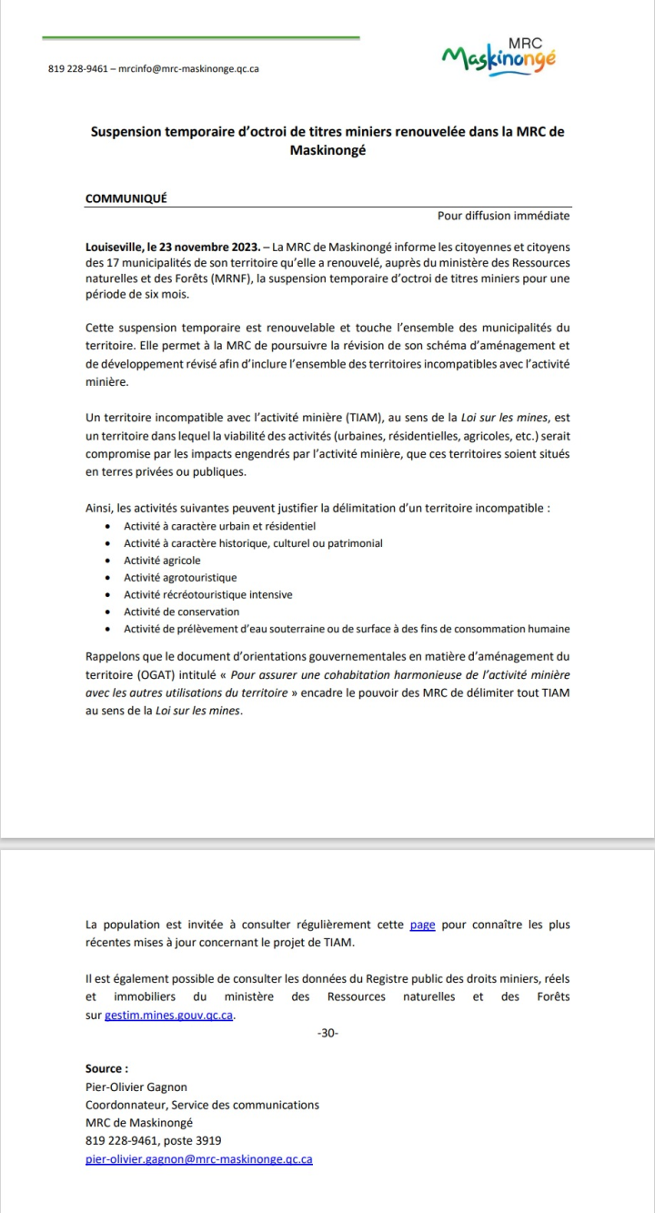 Suspension temporaire d'octroi de titres miniers renouvelée dans la MRC de Maskinongé